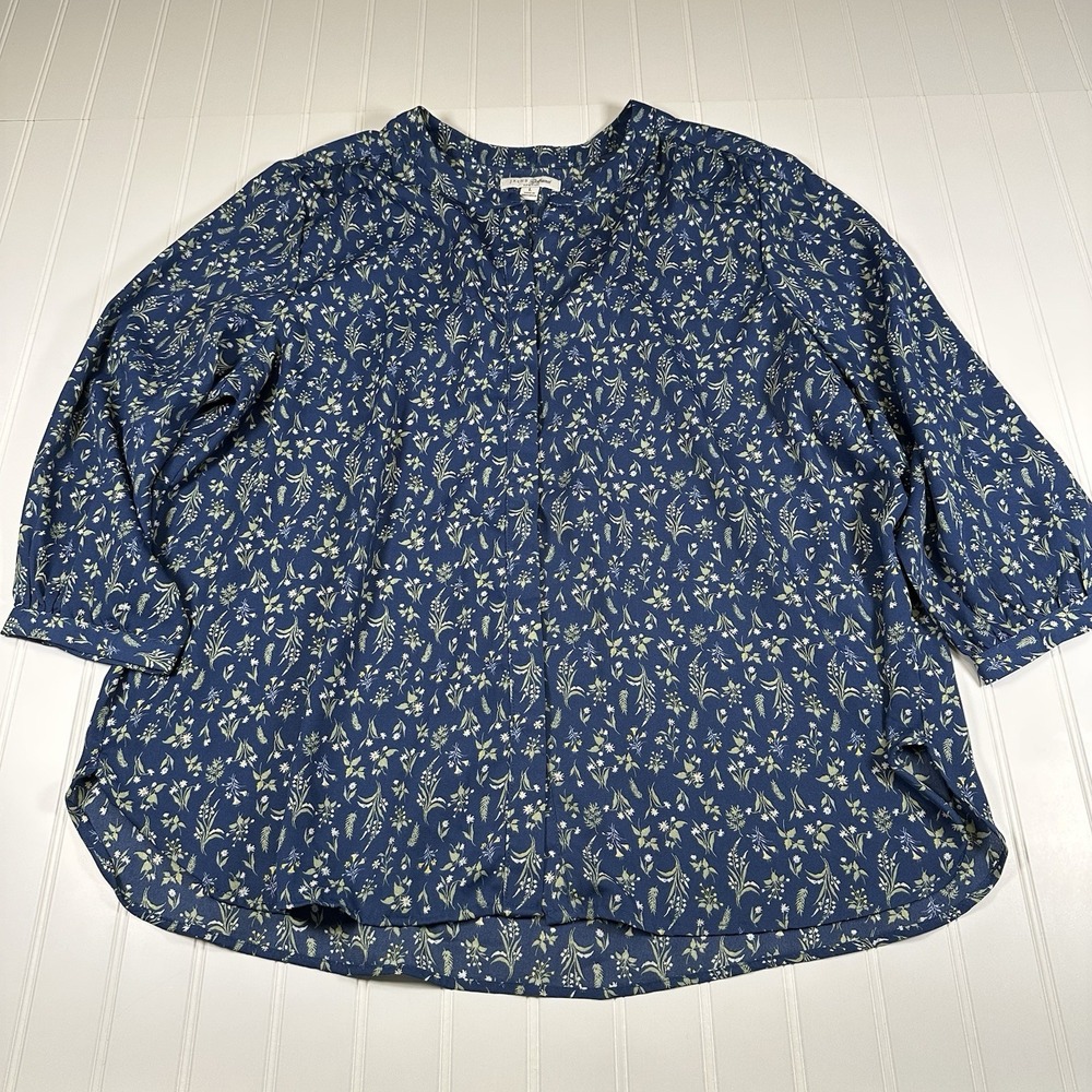 Jachs Girlfriend Women's Printed 3/4 Sleeve With Hidden Button Blouse Blue Sz L
